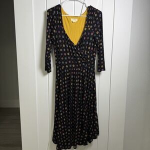 Anthropologie Maeve Black Archival Midi Floral Faux Wrap Dress Size Medium